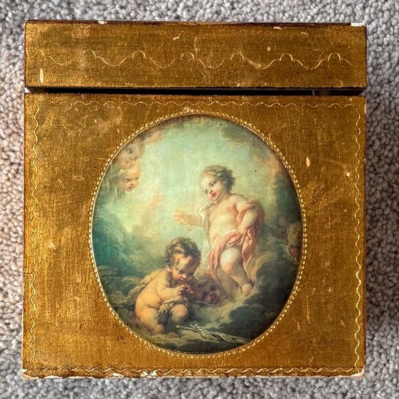 Vintage Florentine Tissue Box Gold with Cherubs Made in Italy - Picture 1 of 14